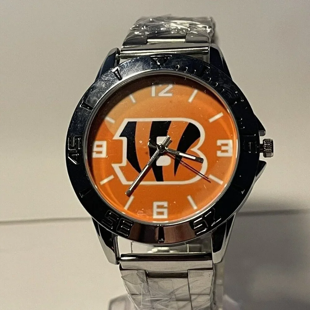 CINCINNATI BENGALS NFL Team Logo Men's Stainless-Steel Silver Analog Watch NEW
